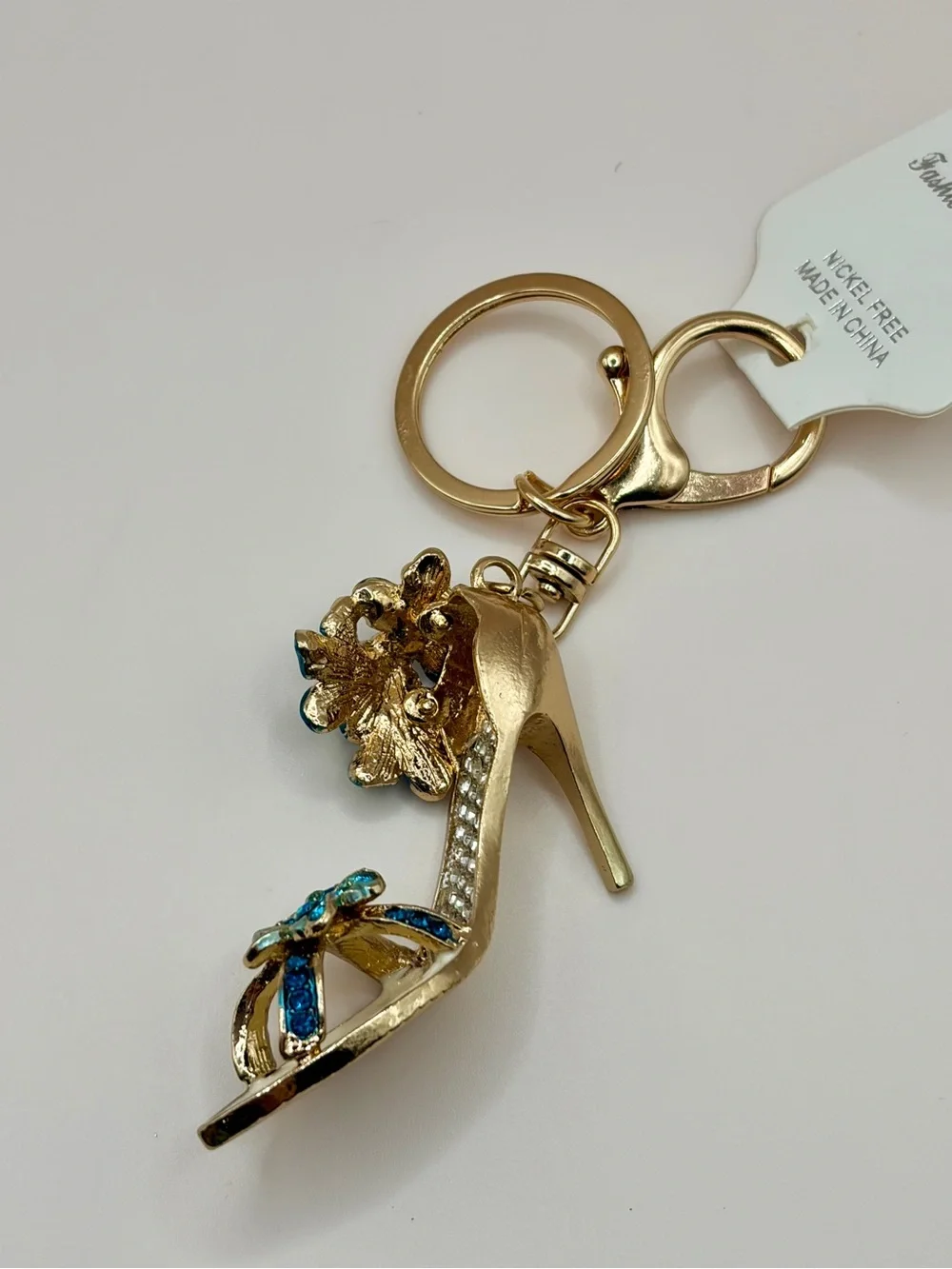 Bougie Gold High Heel Keychain with Blue Crystal Flower Accents